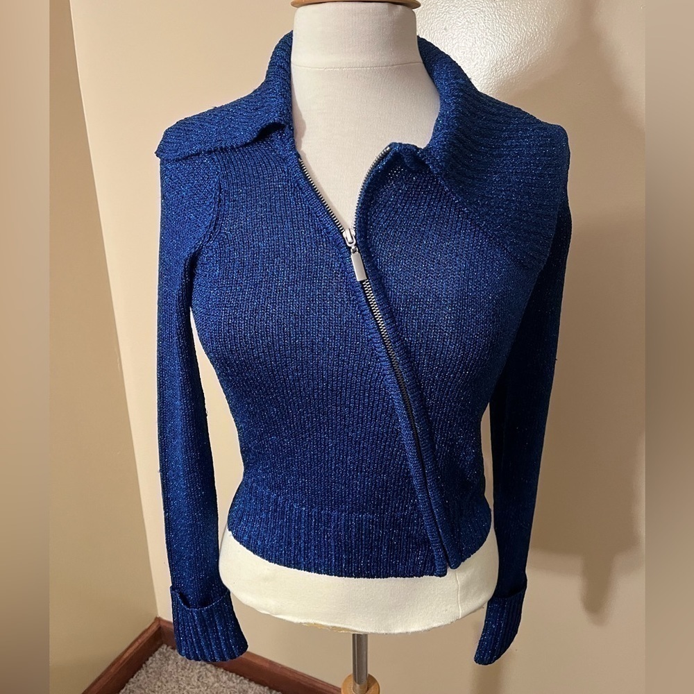 INC International Concepts Blue Metallic Diagonal Zip Cardigan Sweater Sz XS